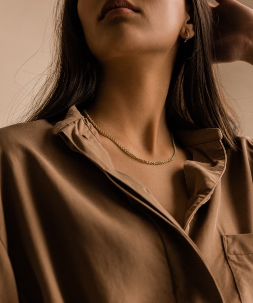 A woman with long dark hair, wearing a brown silky shirt and a gold necklace, poses elegantly.