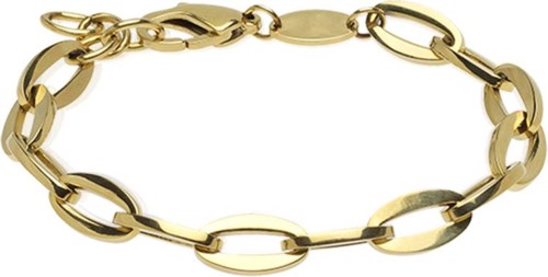 A shiny gold chain bracelet with large oval links and a clasp.