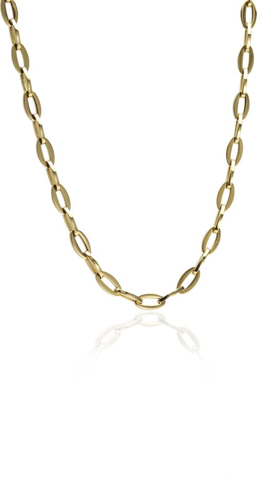 A gold chain necklace with large oval links hanging straight.