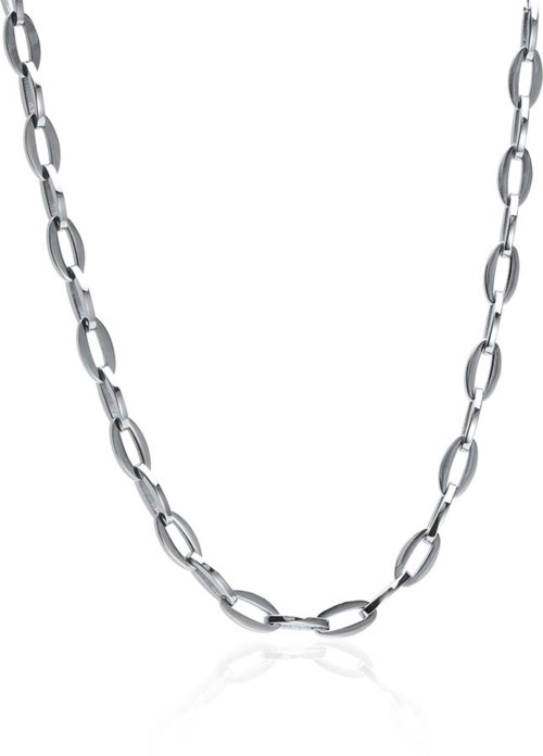 A silver chain necklace with large oval links. It hangs loosely in the image. The background is white.