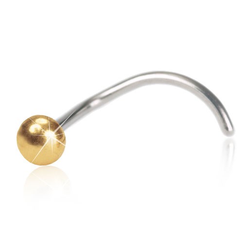 A body piercing with a gold bead and a curved silver bar.