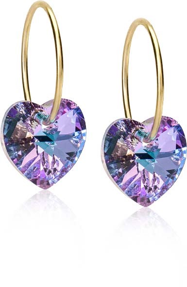 Heart-shaped earrings with purple and blue gemstones and gold hooks.