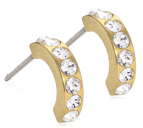 Goudkleurige hoopsieraden met kleine witte stenen, gerangschikt in een lijn langs elke oorring.