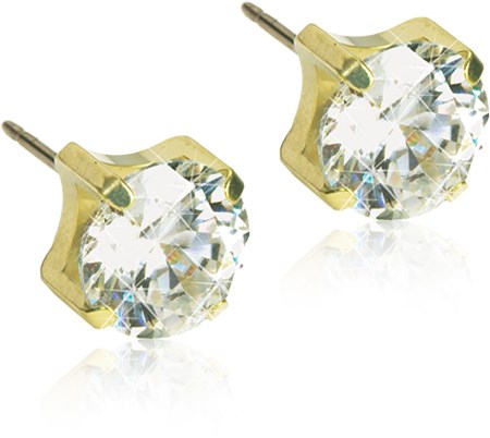 Gold earrings with large, shiny clear stones. They have a simple, elegant design.