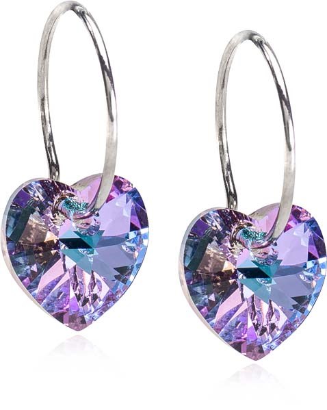 Heart-shaped purple and blue gemstones with silver hooks, sparkling and shiny.