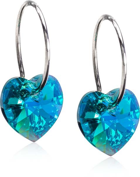 Heart-shaped blue crystal earrings with silver hooks.