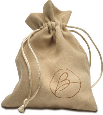 A beige fabric bag with a drawstring and a simple logo of a heart and wave on it.