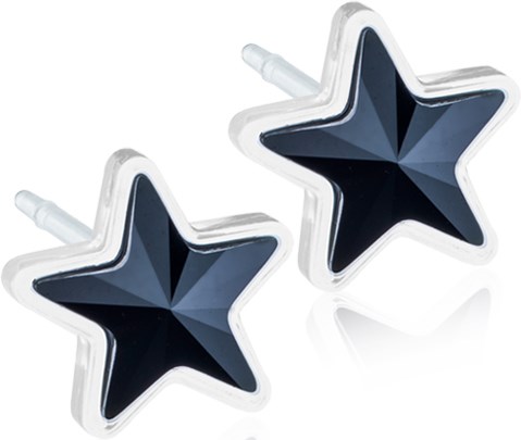 Star-shaped black earrings with white border, shiny and reflective. They are designed to be worn as jewelry.