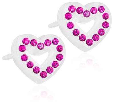Två vita hjärtformade föremål dekorerade med rosa ädelstenar, varje med en hjärtformad kontur av ädelstenar.