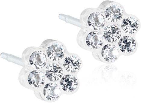 Stylish earrings with nine clear, shiny gemstones in a flower shape.