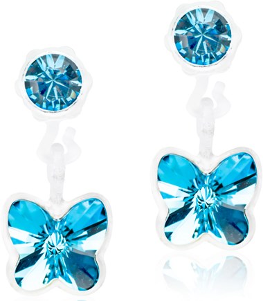 Pair of blue gemstone earrings shaped like butterflies and circles with a shiny, reflective surface.