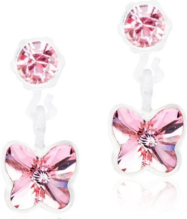 Pink earrings with a round top gemstone and a butterfly-shaped bottom pendant.