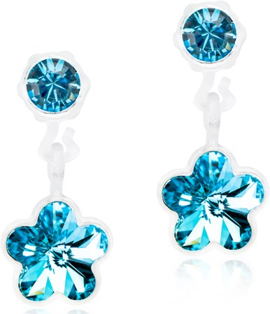 Two blue gemstone earrings, each with a small round stone on top and a flower-shaped pendant below.