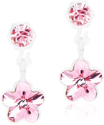 Pink flower and round pink gem earrings. Reflective, shiny, with silver backing. Elegant and delicate jewelry design.