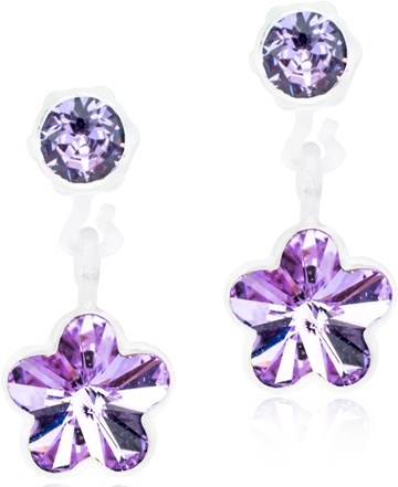 Two purple gemstone earrings with small round stones and larger flower-shaped drops.