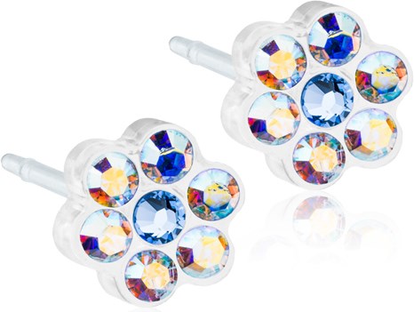 Pair of earrings with multiple colorful, shiny gemstones arranged in flower shapes.