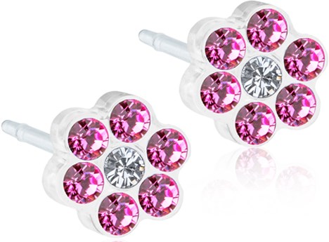 Pair of earrings with pink and clear rhinestones arranged in a flower shape.