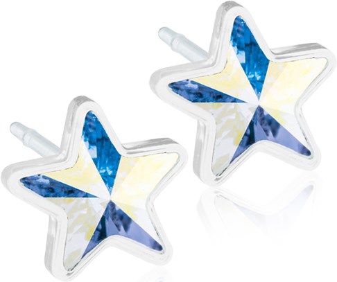 Star-shaped earrings with blue and yellow designs inside. They have a shiny, decorative look.
