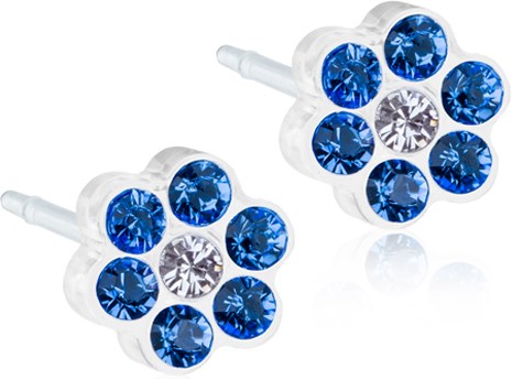 Earrings with seven blue and one clear gemstone in each, arranged in a flower shape.