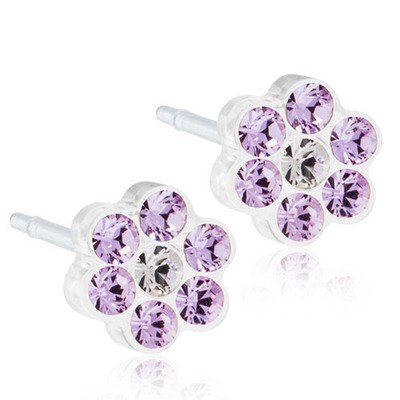 Small flower-shaped earrings with purple and clear gemstones. Made of transparent material. Shine and look pretty.