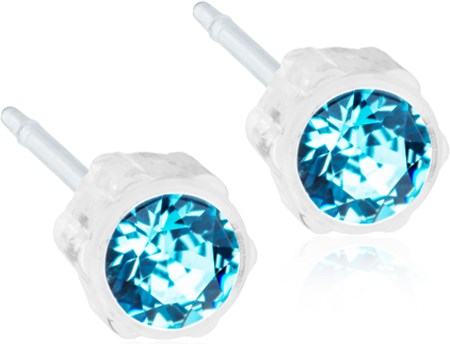 Two clear earrings with big blue gemstones. The earrings are round and shiny.