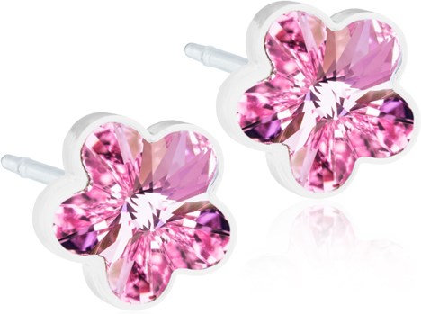 Rosa blumenförmige Ohrringe mit glitzernden, facettierten Steinen und weißem Rückenteil. Kleine Stifte für Piercings.