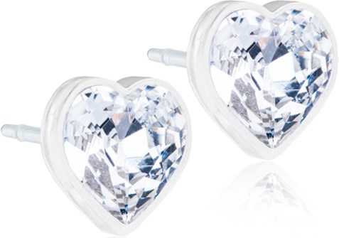 Heart-shaped earrings that look like diamonds, clear and shiny, with posts for wearing. They are elegant and beautiful.