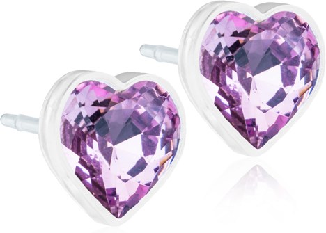 Purple heart-shaped earrings with a faceted, gem-like appearance and clear plastic backing.