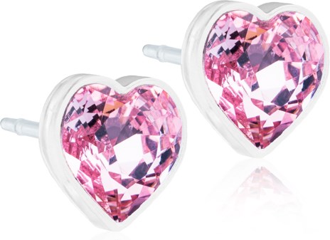 Pink heart-shaped earrings with sparkling gem-like stones and white backing.