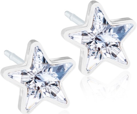 Star-shaped earrings with clear, shiny stones inside a white frame.