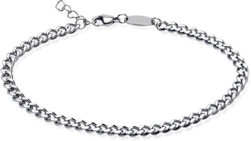 Ett glänsande silverarmband med clasp, enkel design, på vit bakgrund.