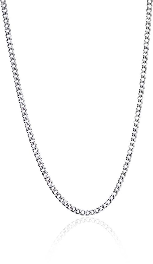 A silver chain necklace with small, linked circles on a white background.