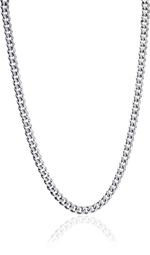 A silver chain necklace with thick, rounded links hangs against a white background.
