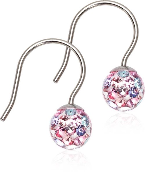 Silver hooks with pink and clear crystal beads hanging from them. Beautiful and shiny jewelry earrings.