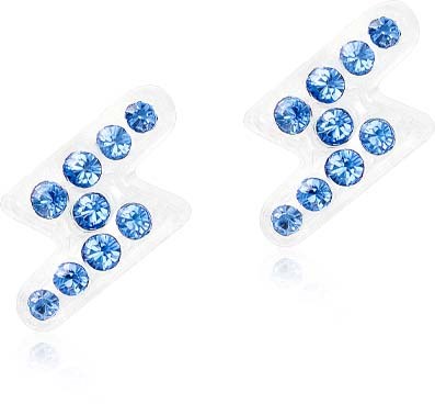 Två små fyrkantiga patcher dekorerade med blå rhinestones i ett mönster. Reflekterande yta under.