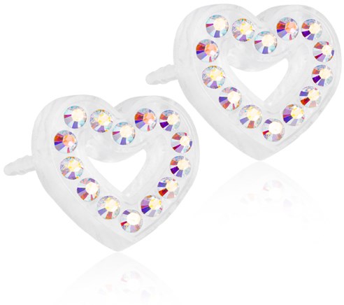 Heart-shaped earrings decorated with shiny, colorful rhinestones, featuring a small clasp for wearing.