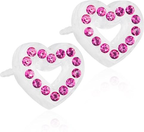 Hjärtaformade örhängen med rosa stenar i ett mönster. Vit bakgrund. Glittrande och söt design.