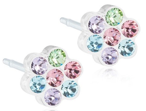 Colorful gemstone earrings with round stones in a flower shape.