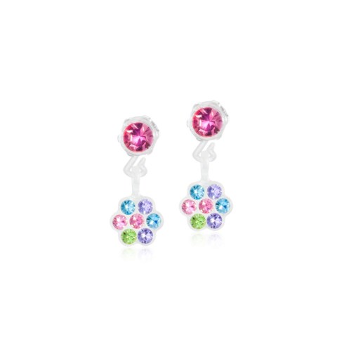 Colorful earrings with pink, purple, blue, and green stones, hanging from silver hooks.