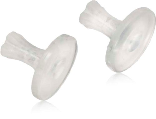 Two clear plastic medical devices with rounded heads and tubes. They look like ear plugs or hearing aids.