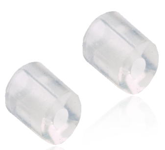 Two clear, small plastic caps with hole in the middle, possibly for bottles or tubes.