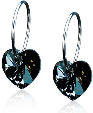 Heart-shaped earrings with black and blue gemstones, hanging from thin metal hooks.