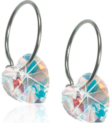 Heart-shaped earrings with colorful, shiny, and sparkling stones on silver hoops.