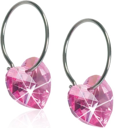 Heart-shaped pink gemstone earrings with silver hoops. Reflective and shiny surface. Small and decorative.