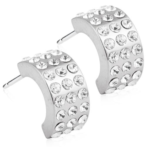 Silver earrings decorated with many small clear stones, arranged on a curved surface.