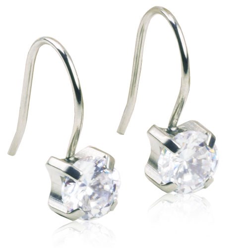 Silver earrings with clear, round gemstones hanging down. Simple and shiny design.