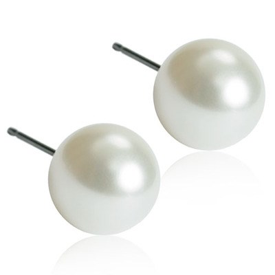A pair of white pearl stud earrings with black posts.