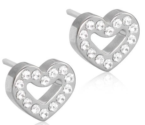 Heart-shaped earrings with small clear stones inside, made of silver or shiny metal.