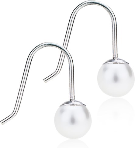 Two earrings with pearl balls hanging from curved metal hooks.