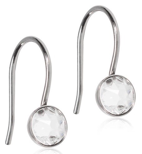 Simple earrings with round, clear stones and metal hooks.